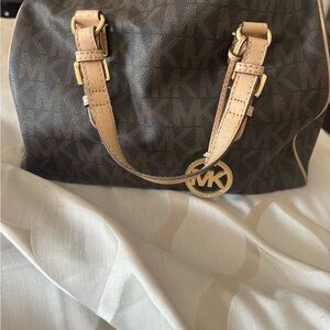 Michael Kors Brown Monogram Satchel with Tan Straps and Gold Hardware